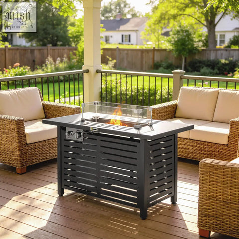 Outsunny black metal pit table with glass guard and pulse ignition fire display for outdoor use