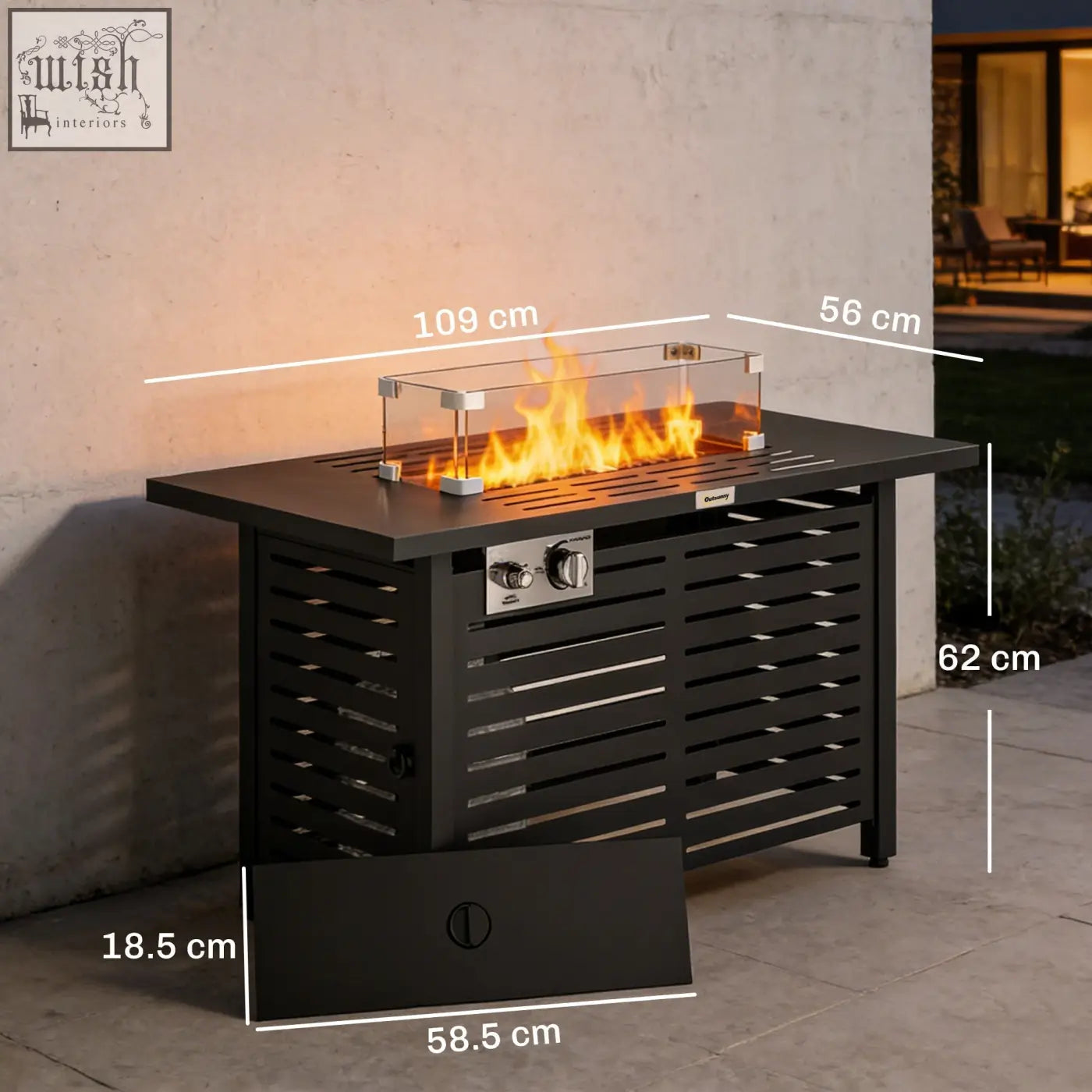 Black metal outsunny pit table with glass guard pulse ignition and slatted side panels for outdoor use