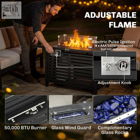 Black metal Outsunny propane pit table with stainless steel burner pulse ignition and glass guard for outdoor use