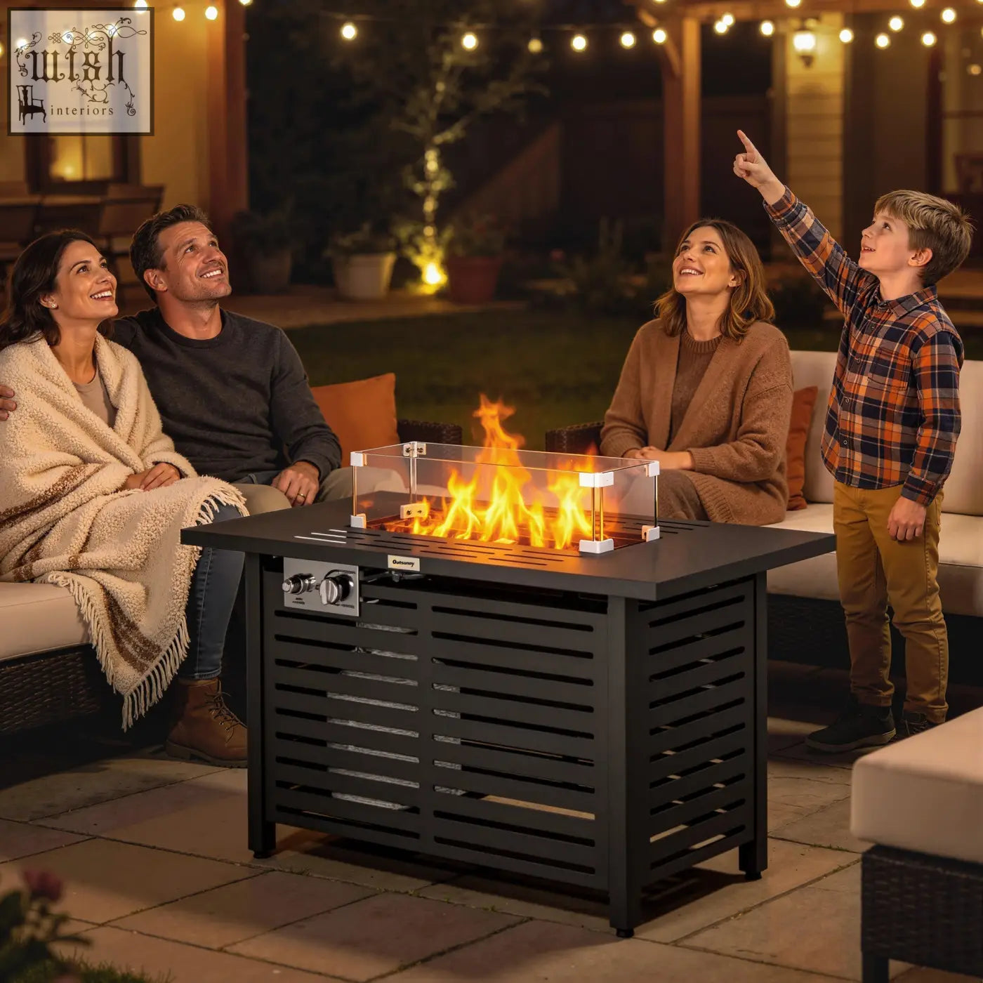 Outsunny black metal propane pit table with glass guard and pulse ignition flame effect for outdoor use