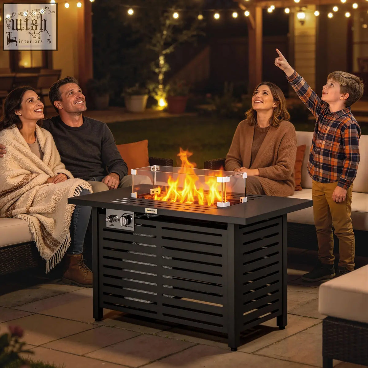 Outsunny black metal propane pit table with glass guard and pulse ignition flame effect for outdoor use