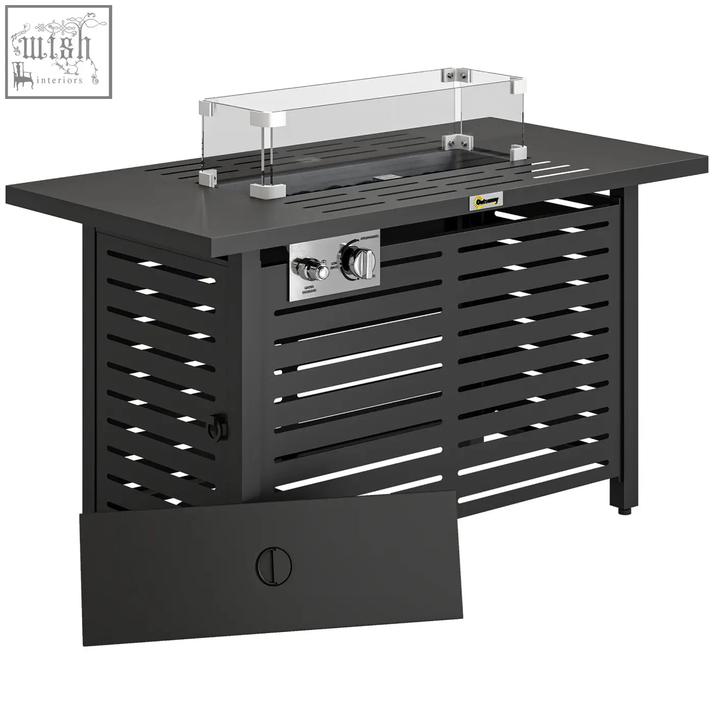 Black metal outdoors propane pit table with pulse ignition control knobs and glass guard for wind protection