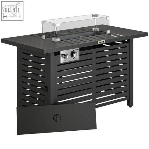Black metal outdoors propane pit table with pulse ignition control knobs and glass guard for wind protection