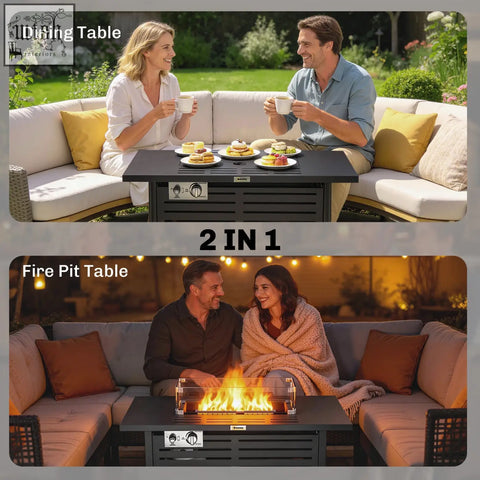 Black metal 2-in-1 pit table with glass guard and pulse ignition fire pit featuring a 43 inch steel tabletop and cover