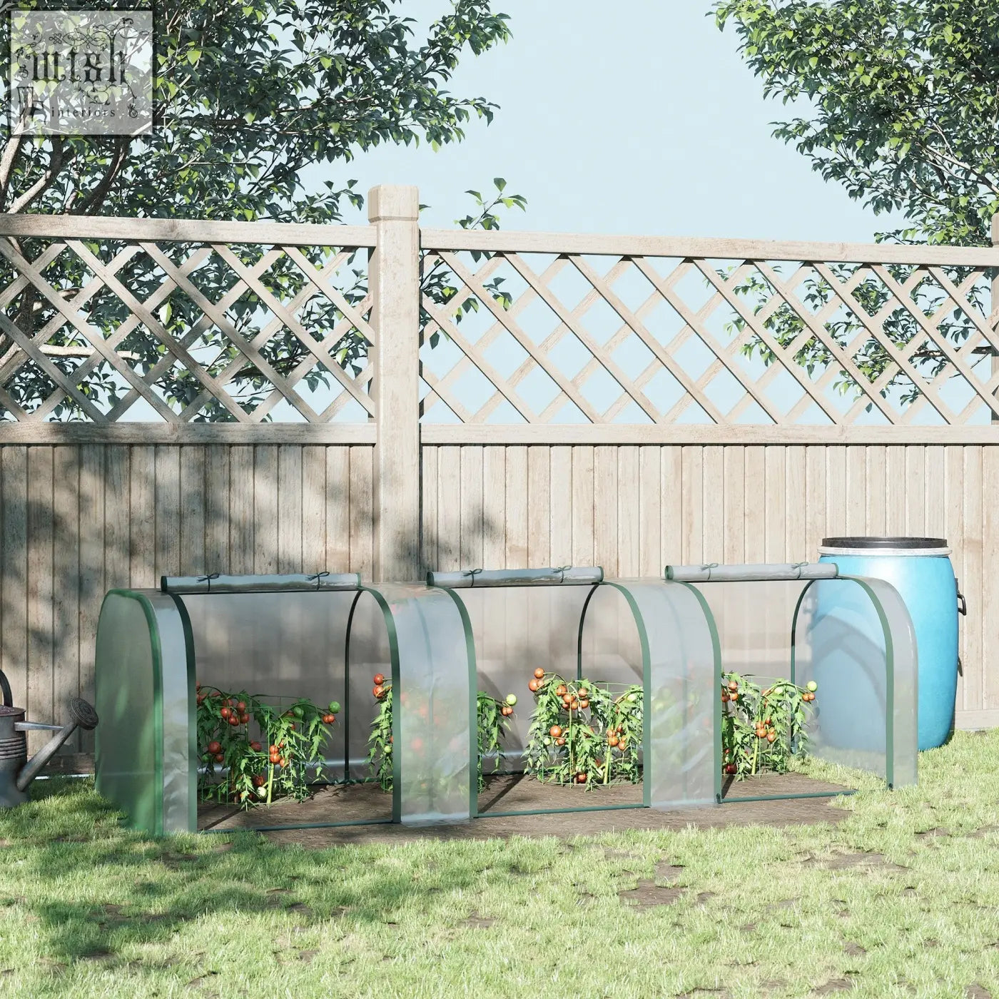 Outsunny green pvc tunnel greenhouse with steel frame and transparent domes housing tomato plants with easy access doors