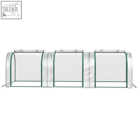 Green-framed clear pvc tunnel greenhouse with steel frame and zipper doors for easy access in garden backyard