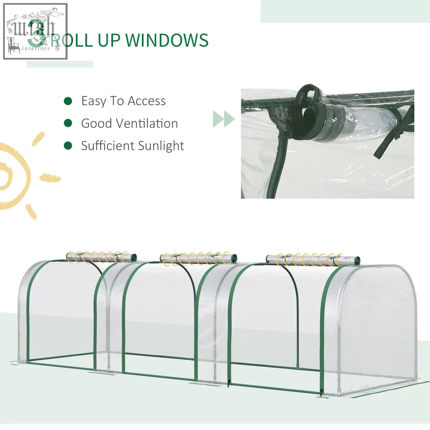 Clear plastic tunnel greenhouse with green trim steel frame and three roll-up windows for easy access