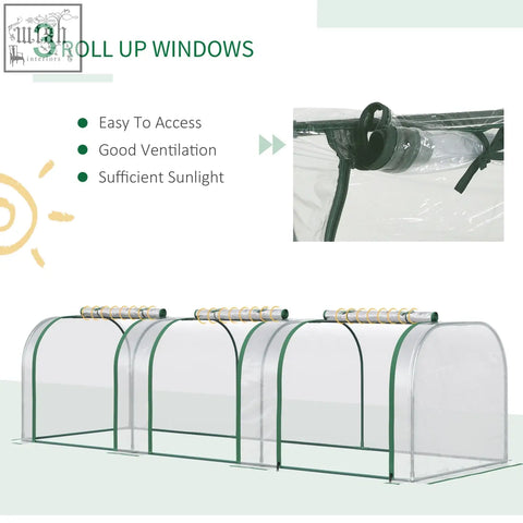 Clear plastic tunnel greenhouse with green trim steel frame and three roll-up windows for easy access