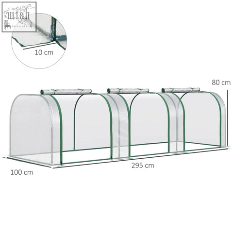 Clear outsunny pvc tunnel greenhouse with green steel frame and arched design for easy access in garden backyard