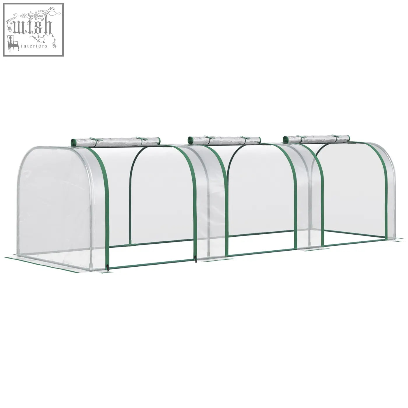 Clear plastic outsunny tunnel greenhouse with green trim steel frame and easy access zipper doors for garden use