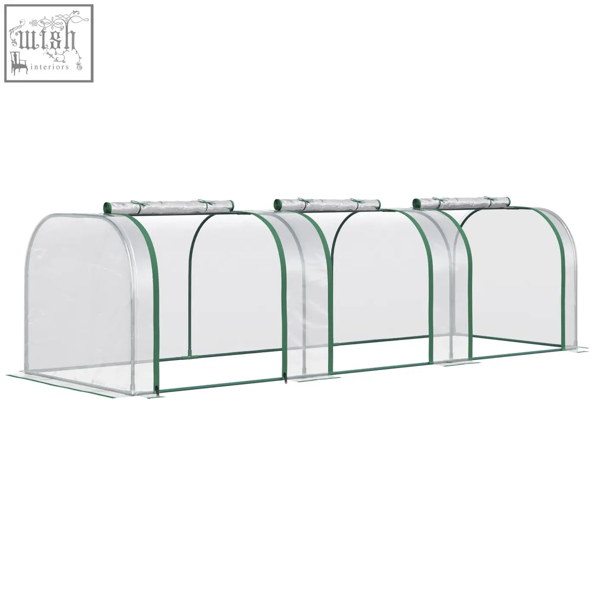 Clear plastic outsunny tunnel greenhouse with green trim steel frame and easy access zipper doors for garden use
