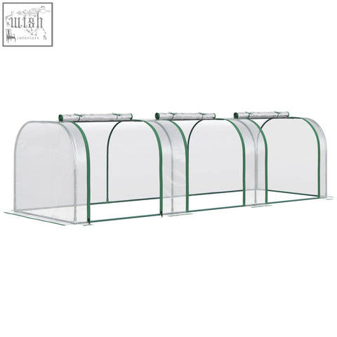 Clear plastic outsunny tunnel greenhouse with green trim steel frame and easy access zipper doors for garden use