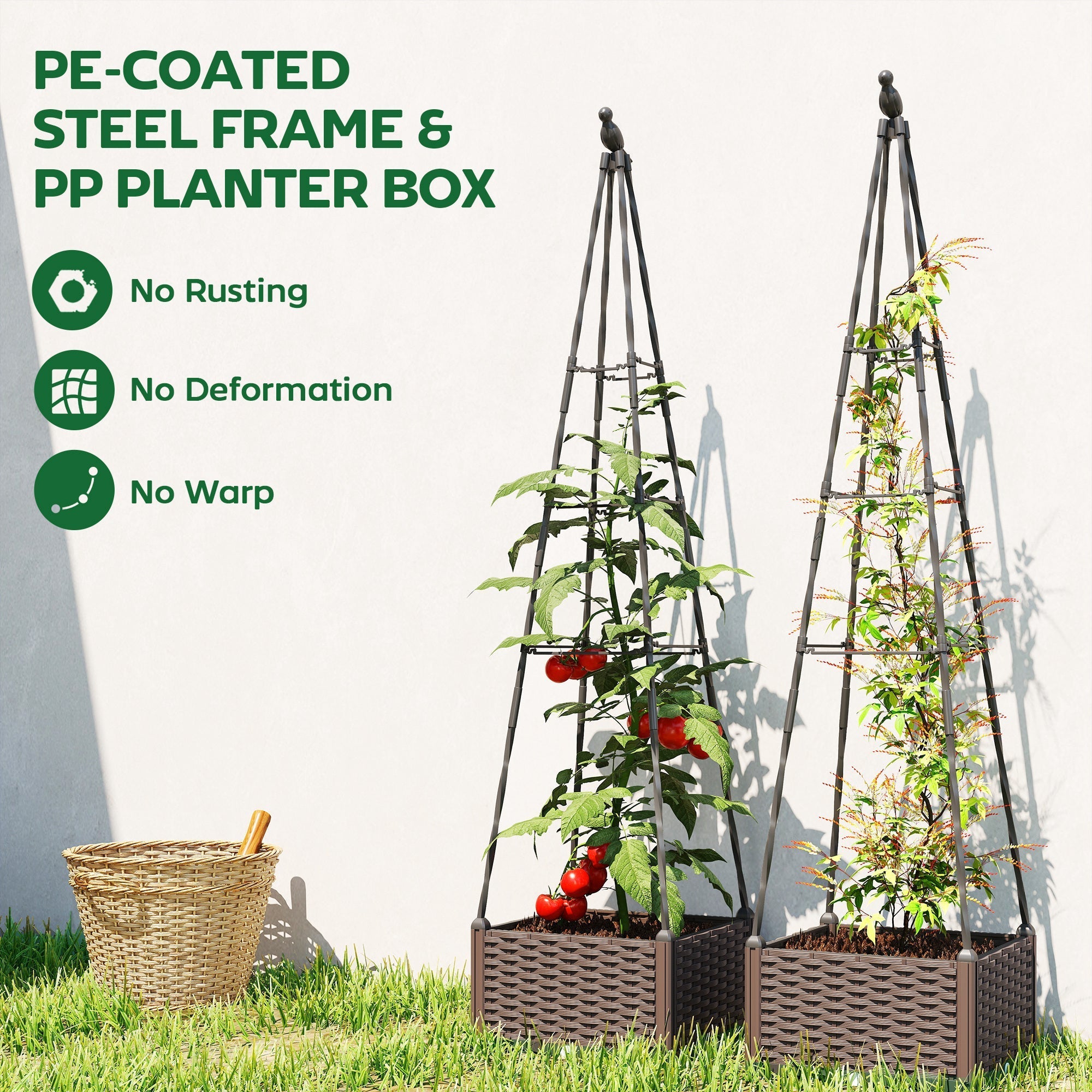 Black pe-coated steel trellis with woven brown pp planter box base supporting tomato plants in outsunny raised planter