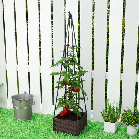 Dark brown woven outsunny raised planter box with black metal trellis and bird figurine supporting tomato plant