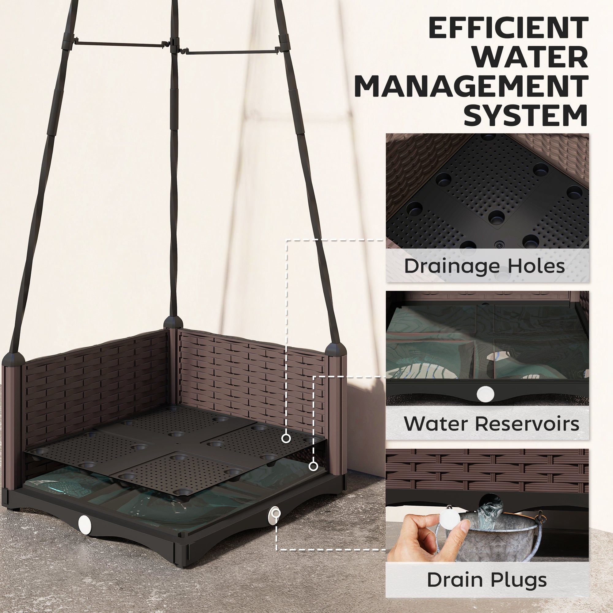 Brown woven resin outsunny raised planter box with black drainage system and built-in water reservoirs for gardening