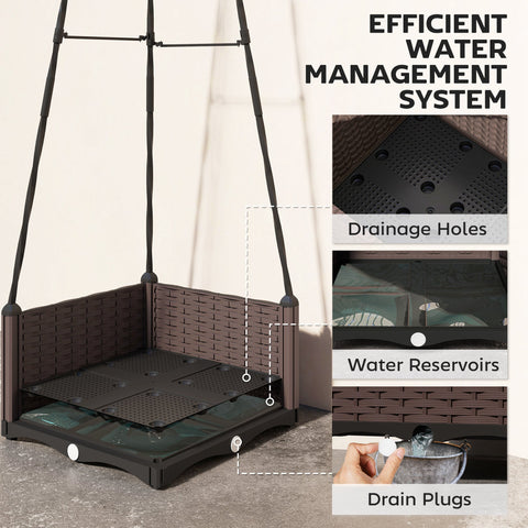 Brown woven resin outsunny raised planter box with black drainage system and built-in water reservoirs for gardening
