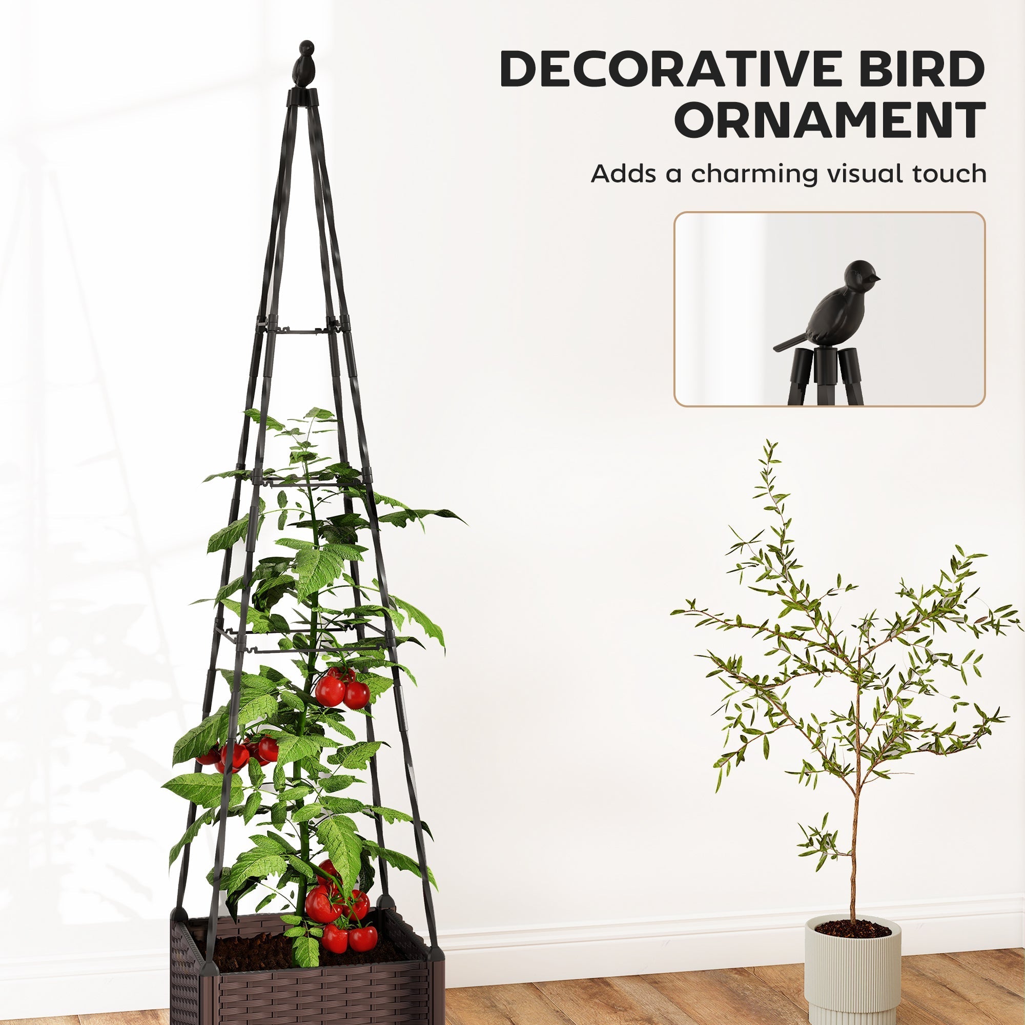 Black metal decorative bird ornament on outsunny raised planter box with trellis and self watering feature