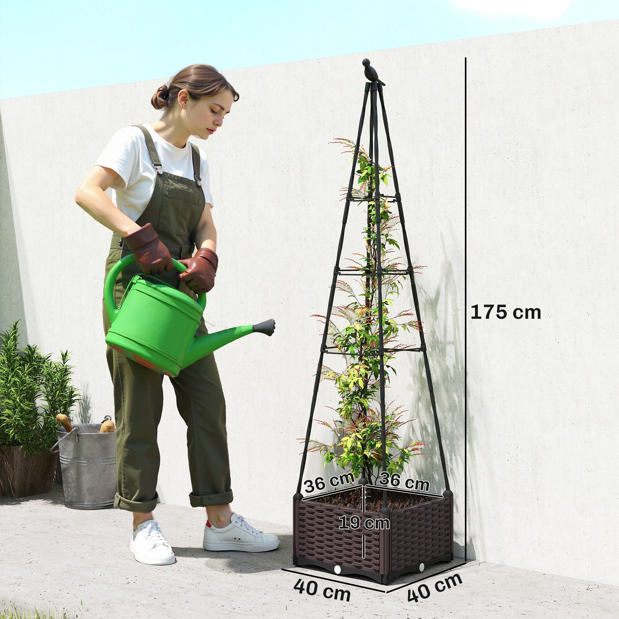 Brown woven plastic trellis with black metal frame and bird finial on outsunny raised planter box for garden use