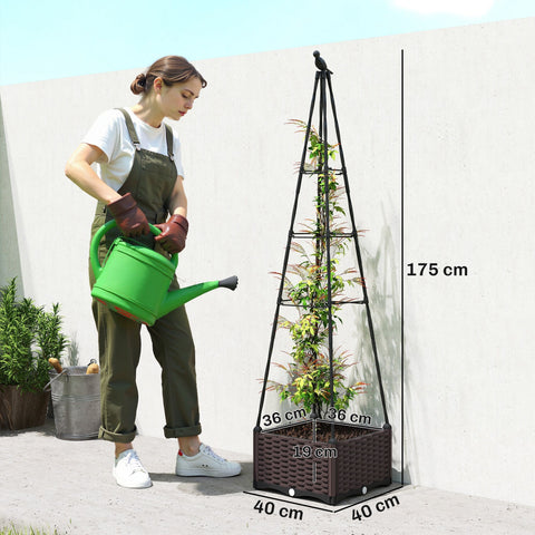 Brown woven plastic trellis with black metal frame and bird finial on outsunny raised planter box for garden use