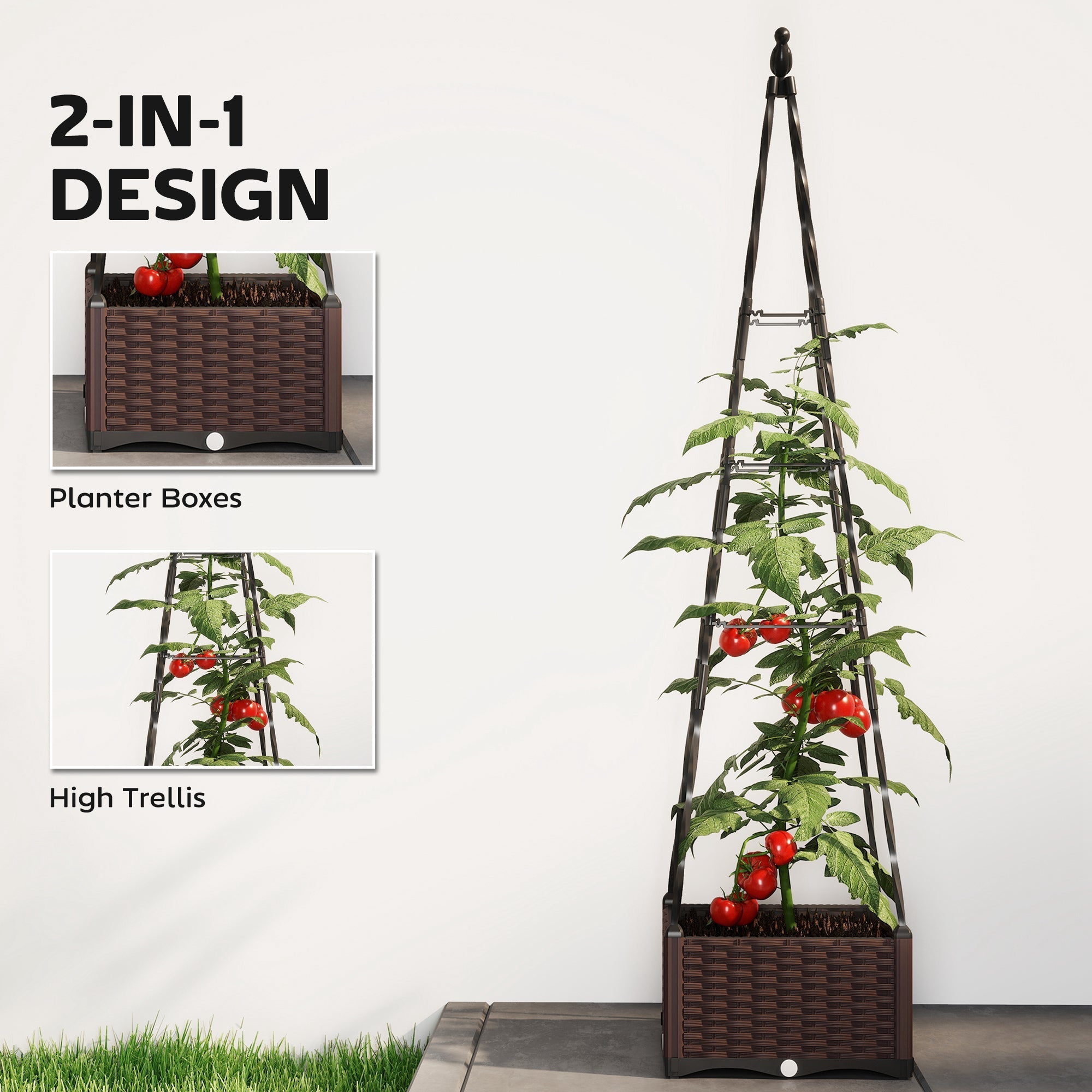 Brown woven plastic outsunny raised planter box with integrated high trellis for growing tomatoes and drainage holes