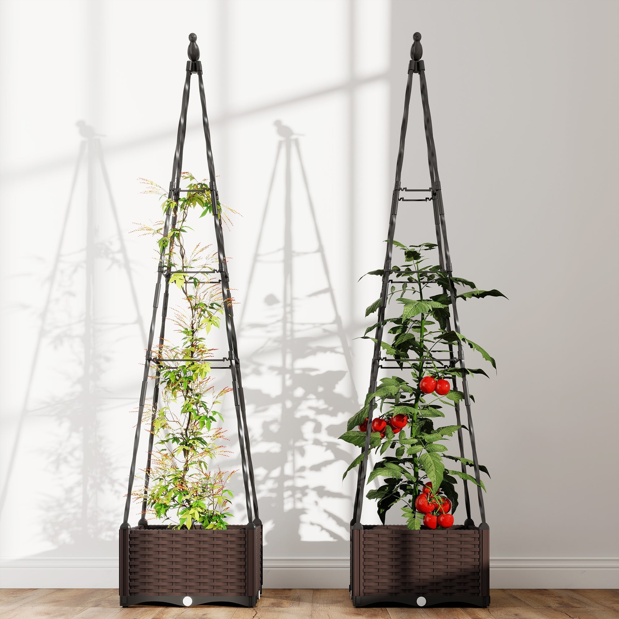 Two dark brown wicker planter boxes with black metal frames and trellises in outsunny raised planter garden bed
