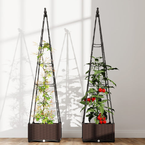 Two dark brown wicker planter boxes with black metal frames and trellises in outsunny raised planter garden bed