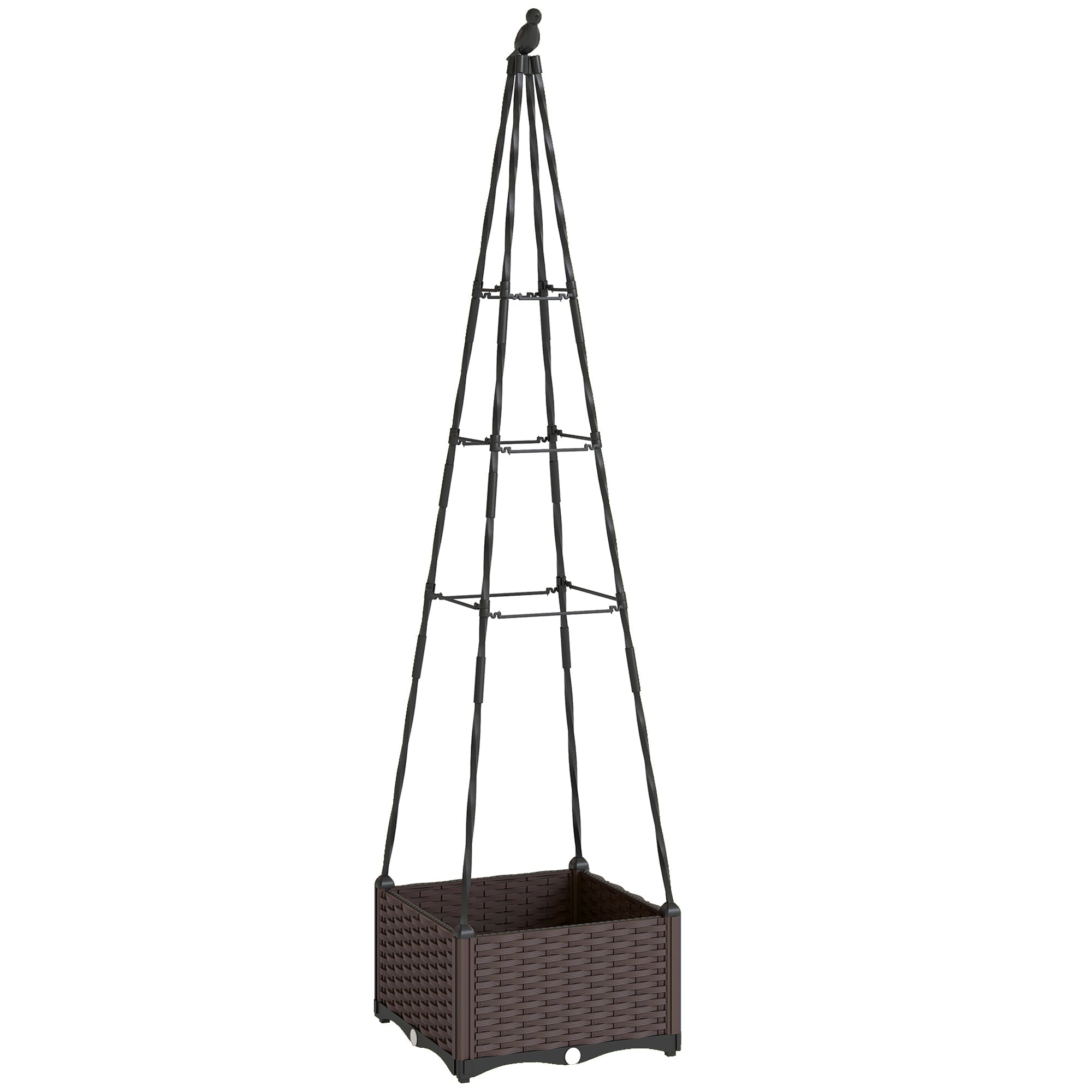 Brown woven wicker outsunny raised planter box with trellis top and small bird finial for garden use