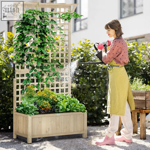 Light-colored fir wood outsunny raised bed planter with lattice trellis and paint coating for climbing plants