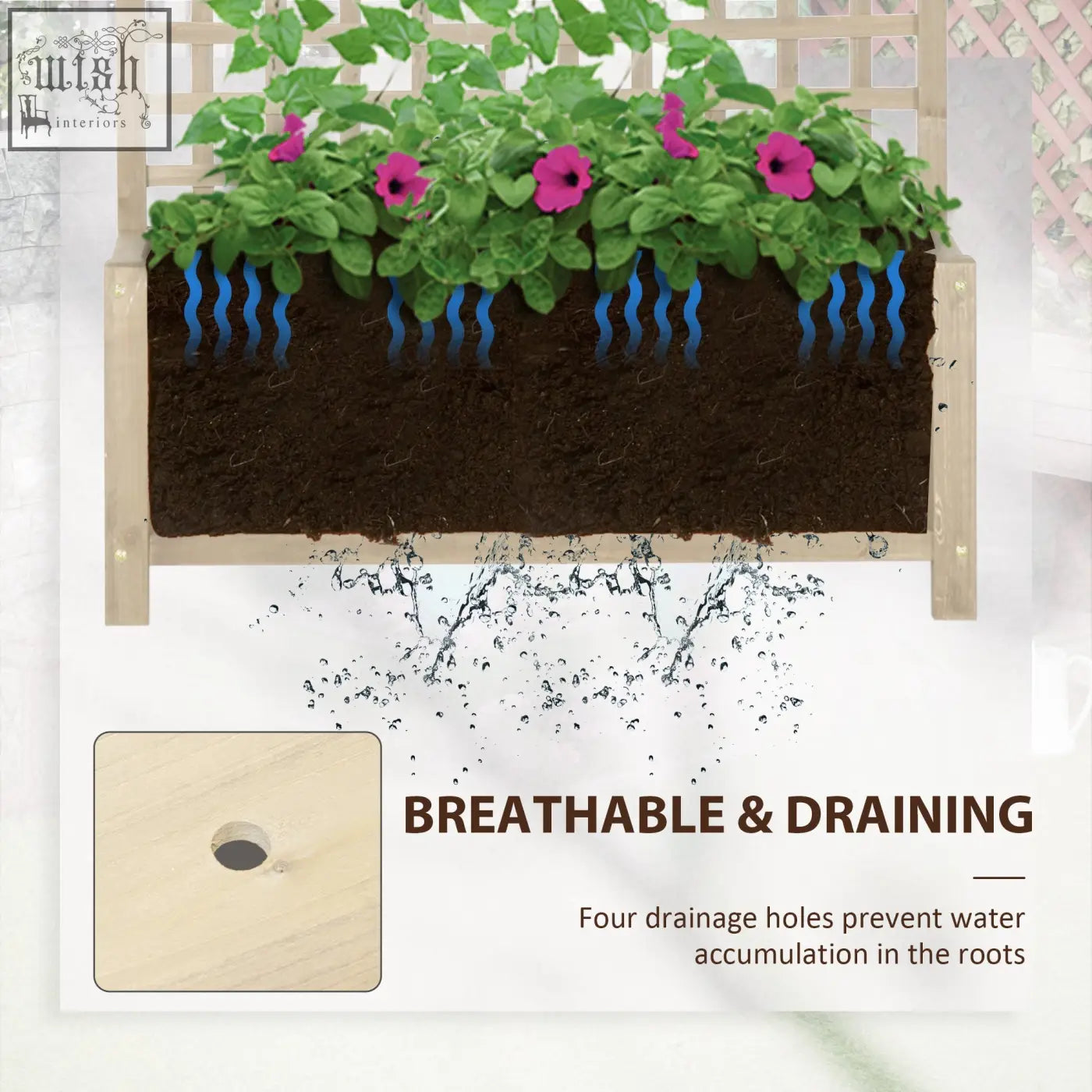 Light-colored fir wood outsunny raised bed planter with pink flowers and drainage holes for growing vegetables and flowers