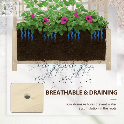 Light-colored fir wood outsunny raised bed planter with pink flowers and drainage holes for growing vegetables and flowers