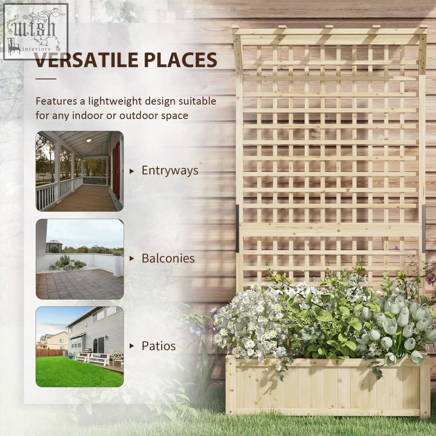 Lightweight fir wood garden trellis with lattice design and matching planter box featuring paint coating and drainage holes
