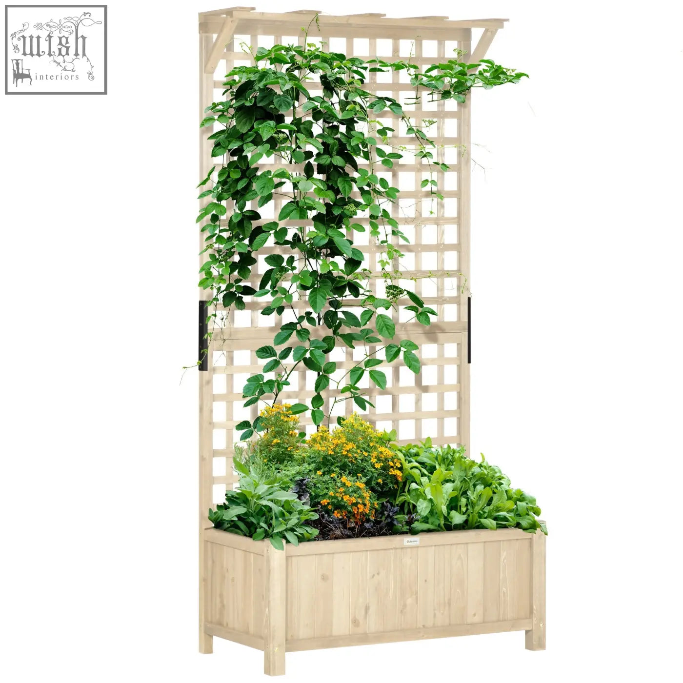 Light-colored fir wood garden trellis with integrated planter box and lattice design for climbing plants like vegetables