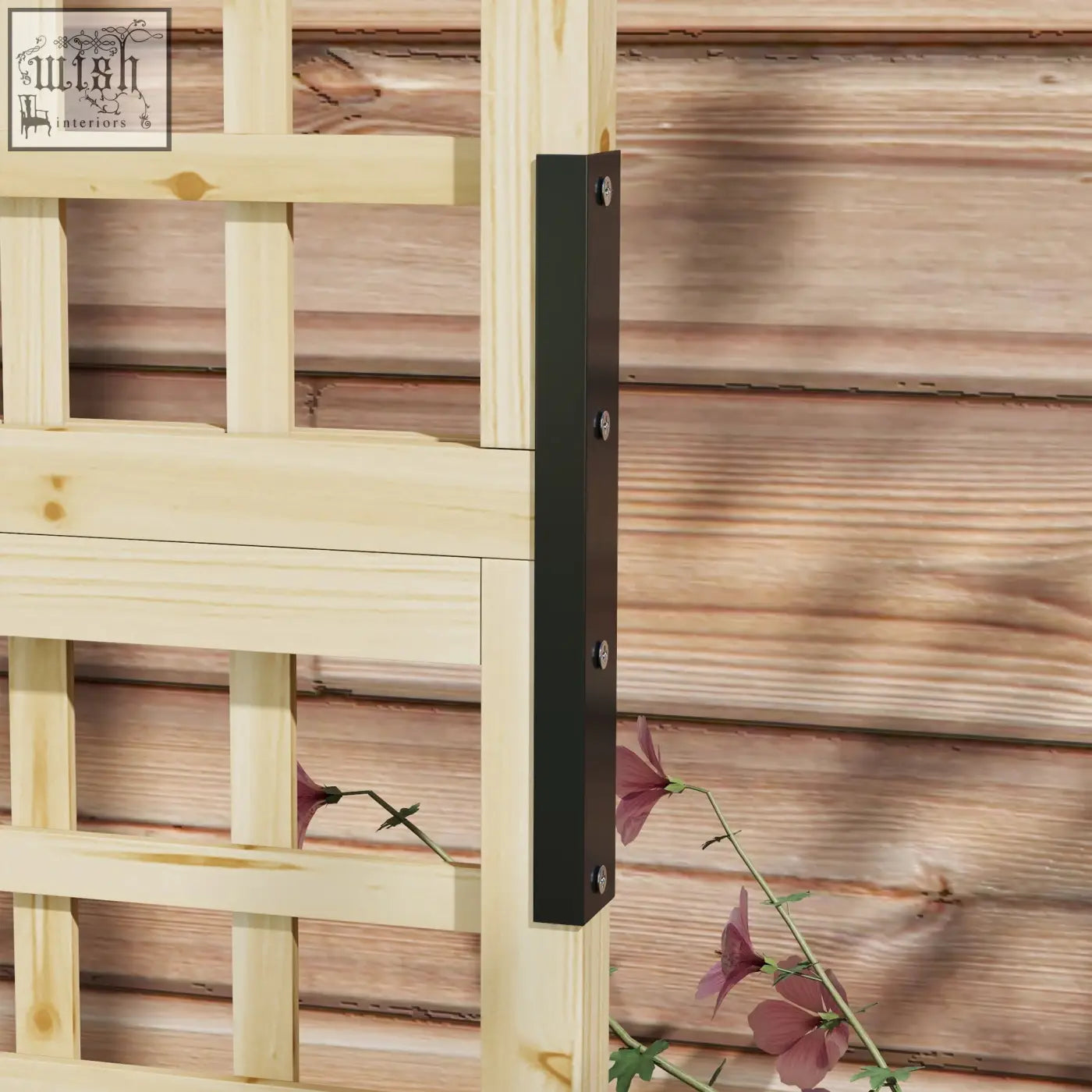 Black metal bracket securing light fir wood trellis to paint-coated wood-paneled roof on outsunny raised bed planter