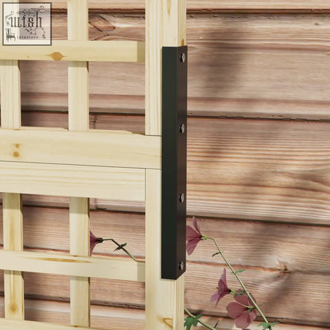 Black metal bracket securing light fir wood trellis to paint-coated wood-paneled roof on outsunny raised bed planter