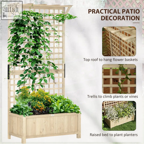 Outsunny light fir wood raised bed planter with lattice trellis and paneled roof with paint coating for climbing plants
