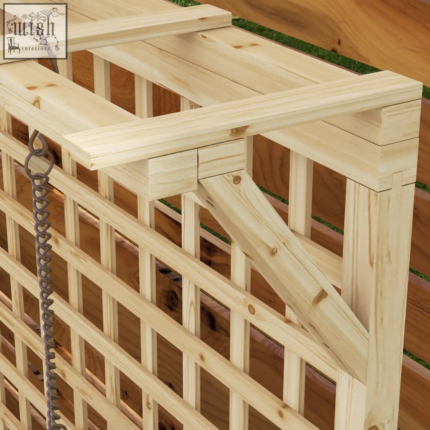 Light-colored fir wood raised bed planter with trellis and diagonal support beam for climbing plants to grow vegetables