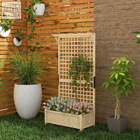 Light-colored fir wood garden trellis with planter box and hanging holder for veggies and flowers with paint coating