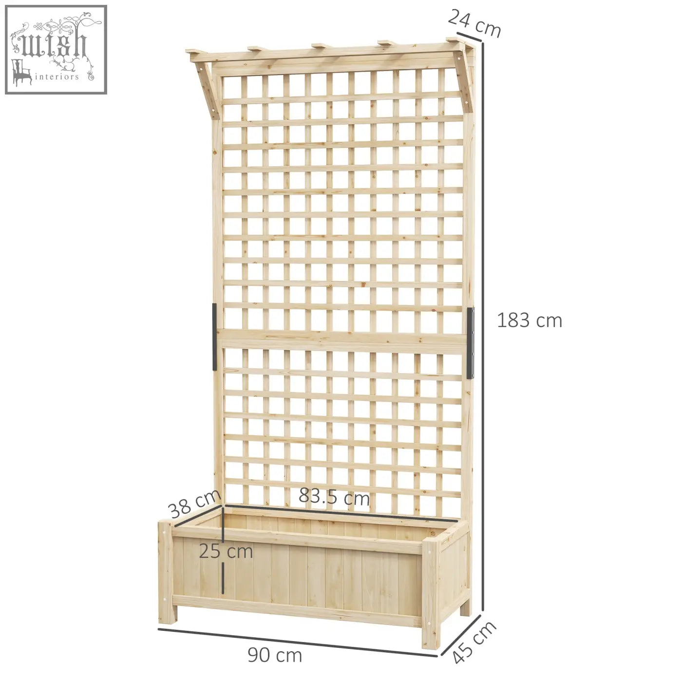 Light-colored fir wood garden trellis with integrated planter box and paneled roof paint coating for climbing plants