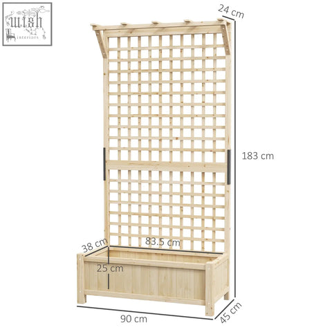 Light-colored fir wood garden trellis with integrated planter box and paneled roof paint coating for climbing plants