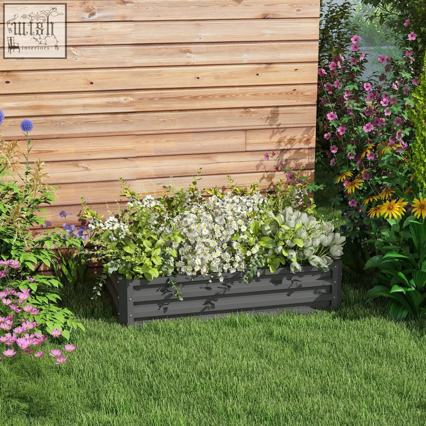 Dark gray powder coated outsunny raised bed planter with slatted wooden texture filled with white flowers and green foliage