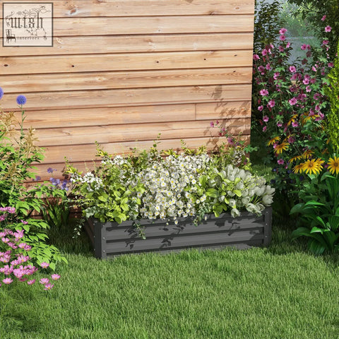 Dark gray powder coated outsunny raised bed planter with slatted wooden texture filled with white flowers and green foliage