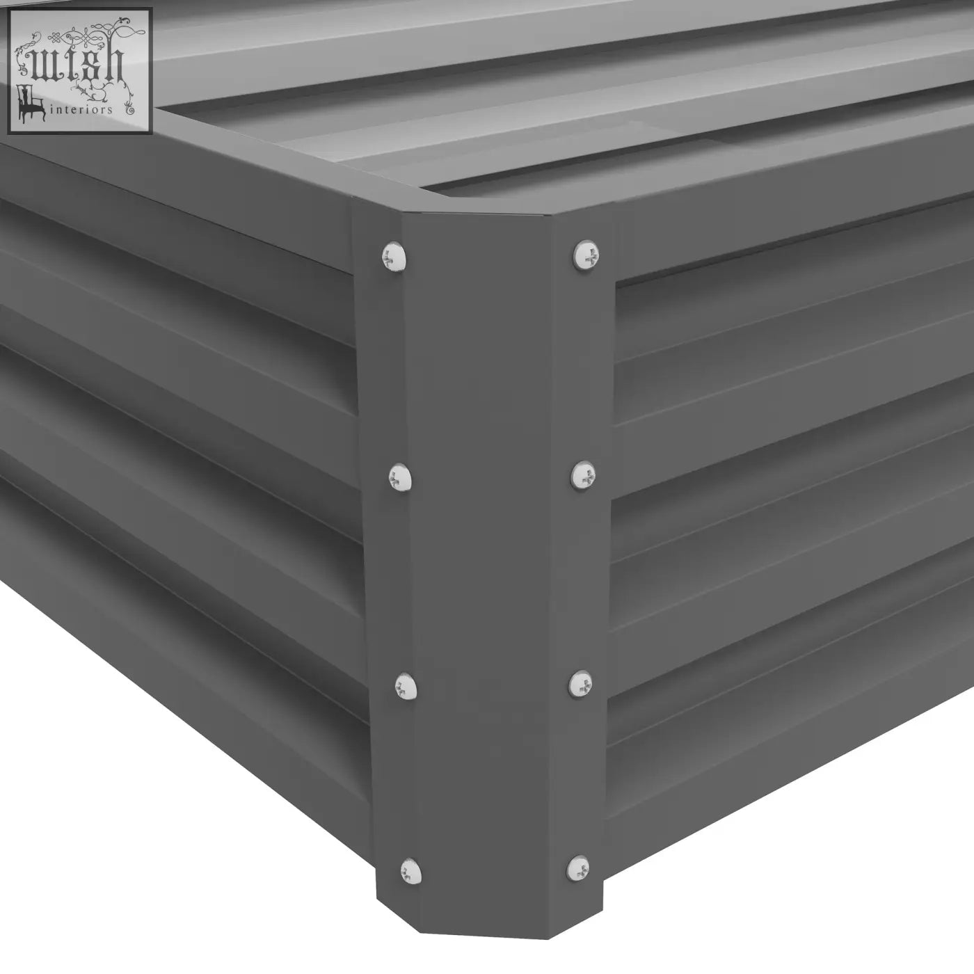 Light grey outsunny raised bed with powder coated galvanized metal and silver screws for direct contact gardening