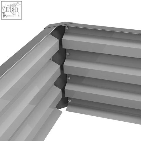 Gray corrugated metal outsunny raised bed with reinforced corners powder coated for direct contact garden use