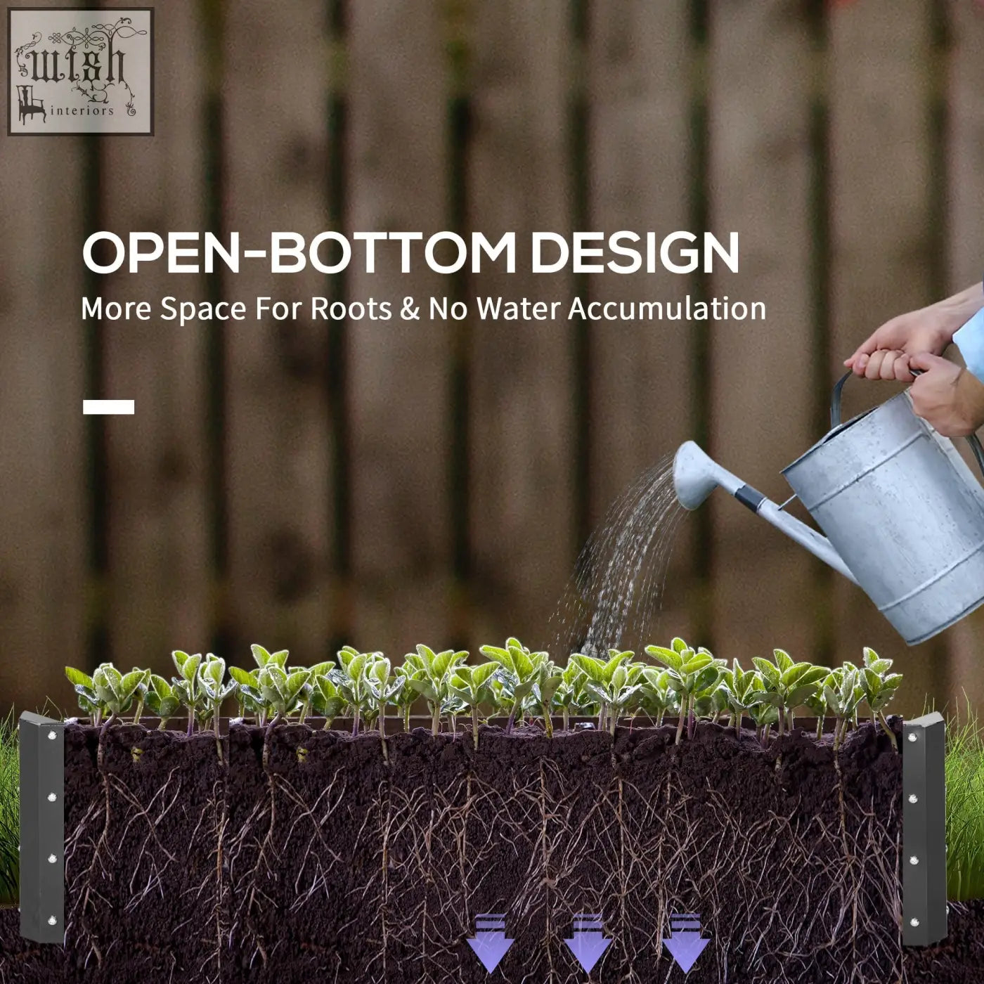 Silver metal watering can watering young green plants in light grey powder coated outsunny raised garden bed