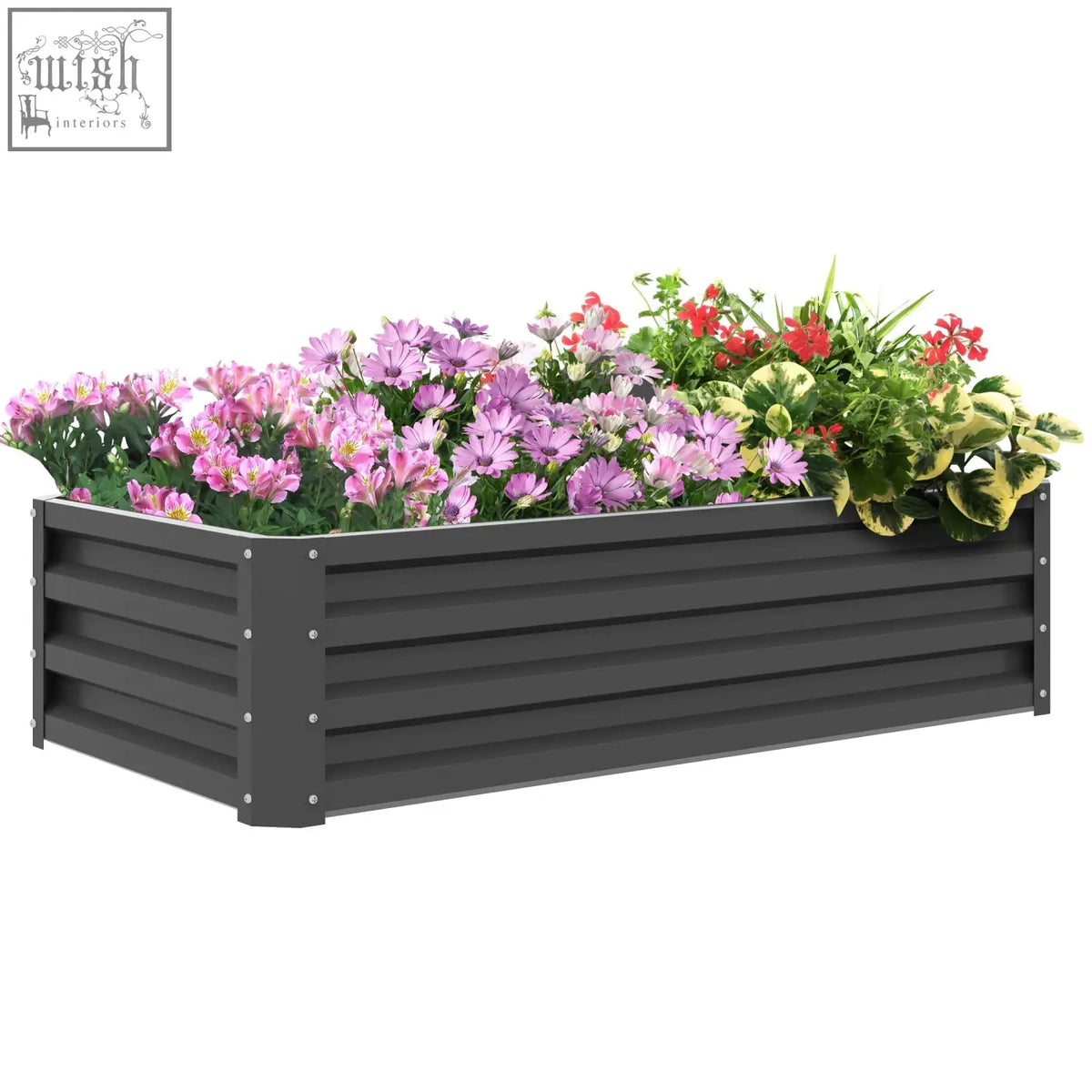 Black corrugated powder coated metal Outsunny raised bed planter in light grey filled with vibrant purple and red flowers