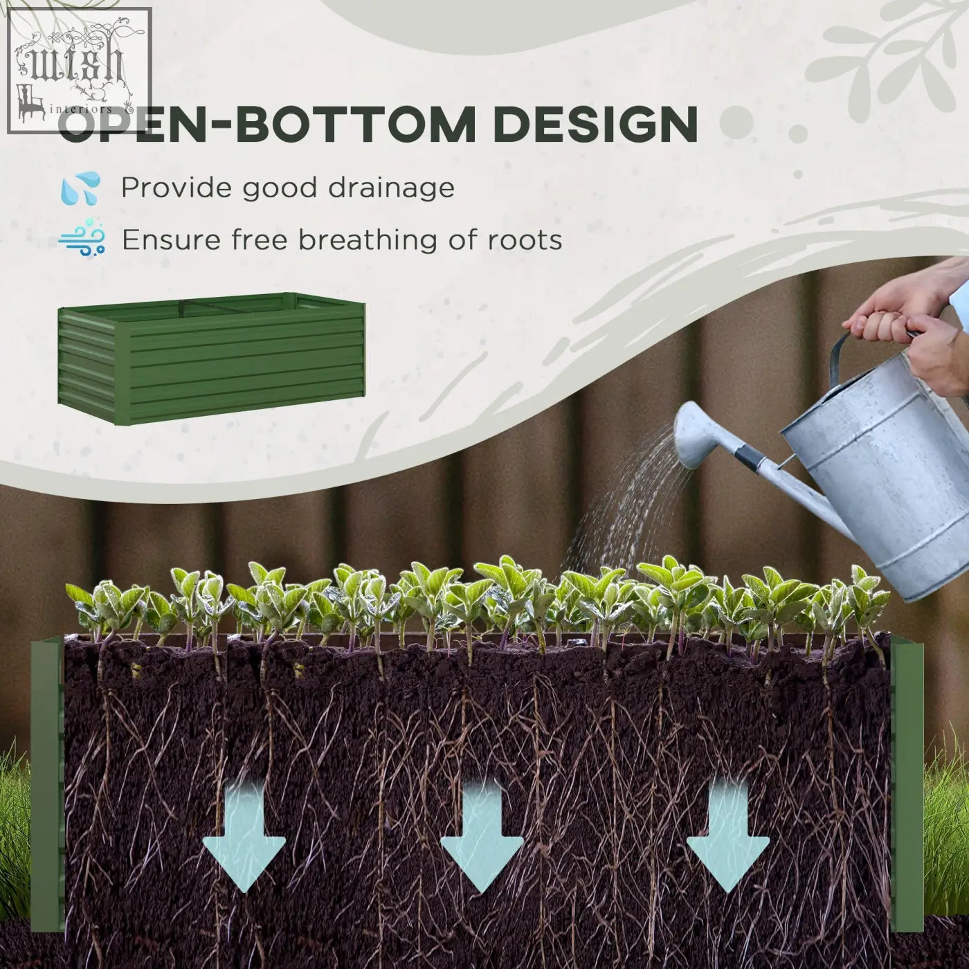 Green plastic raised garden bed with galvanised steel frame and protective coating in 90cm size for outdoor use