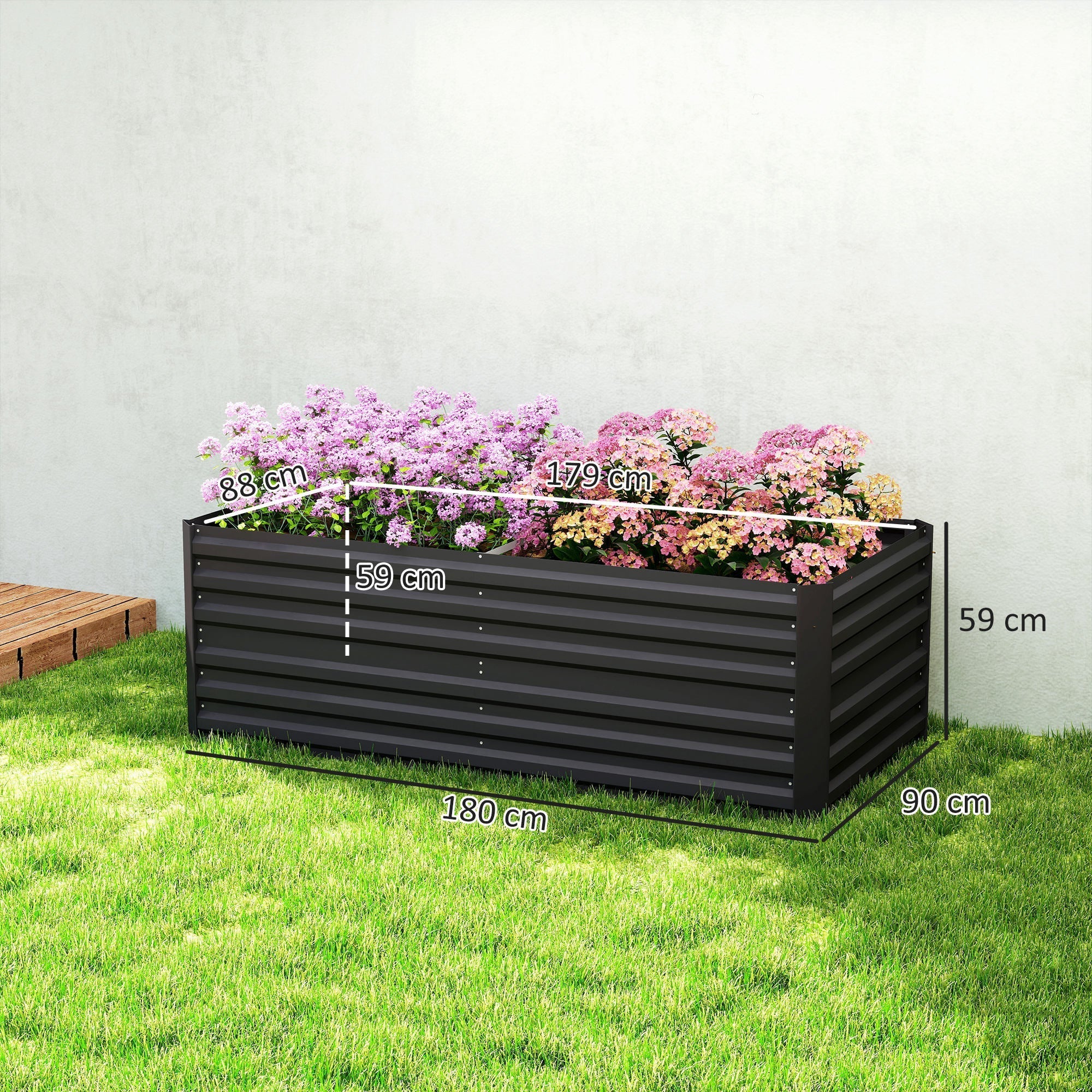 Black galvanised steel outsunny raised bed planter with protective coating and purple pink flowers 90cm size
