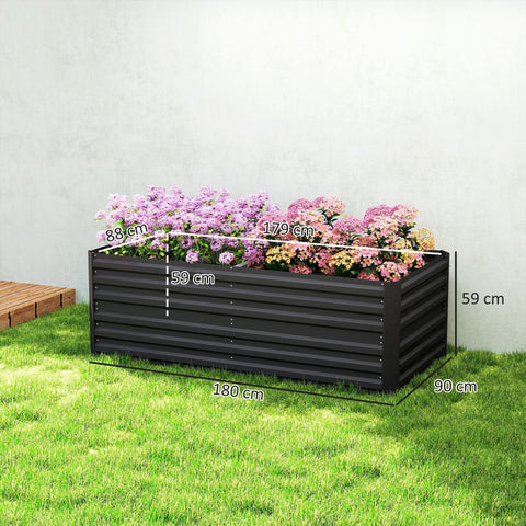 Black galvanised steel outsunny raised bed planter with protective coating and purple pink flowers 90cm size