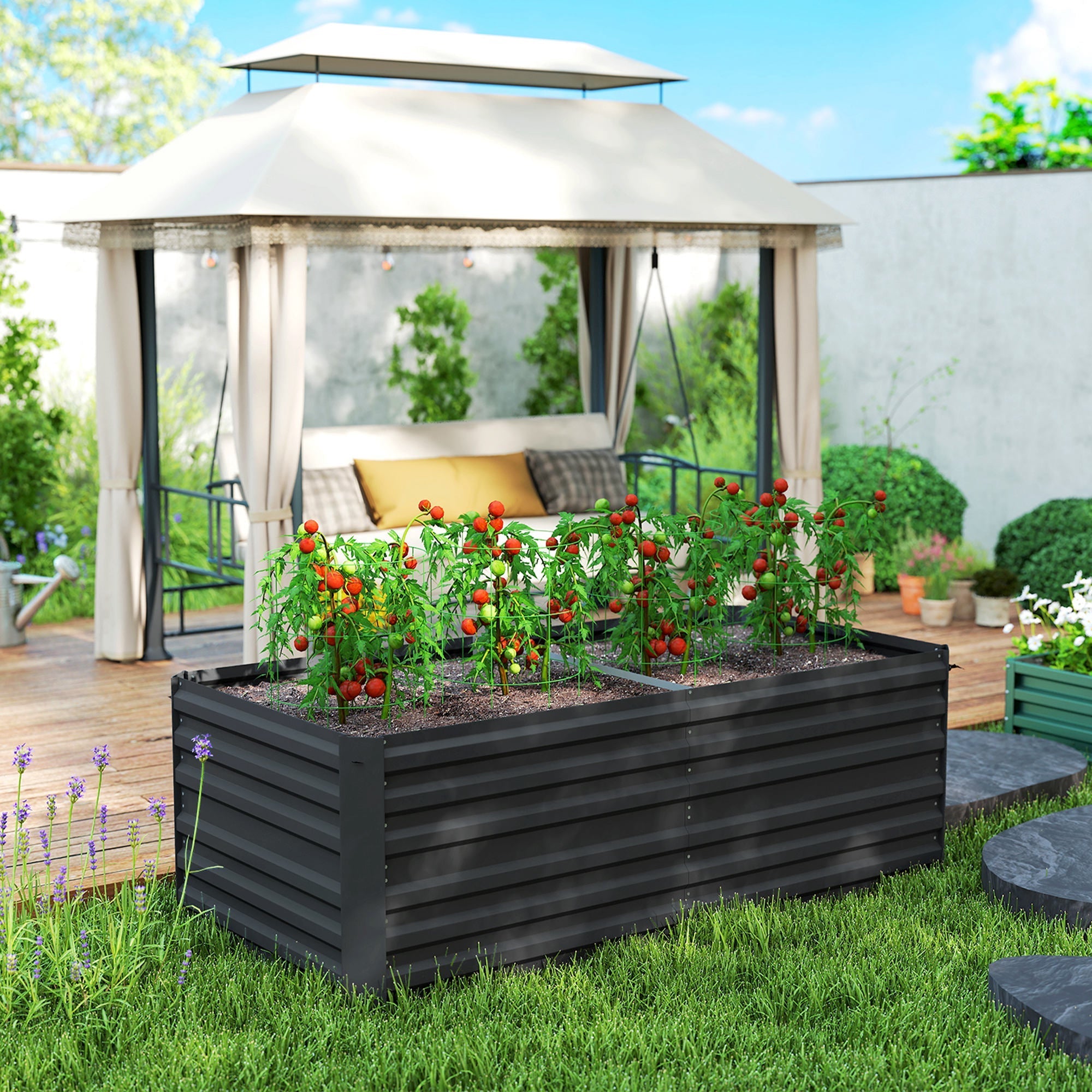 Black outsunny raised bed made of galvanised steel with protective coating in 90cm size growing tomatoes