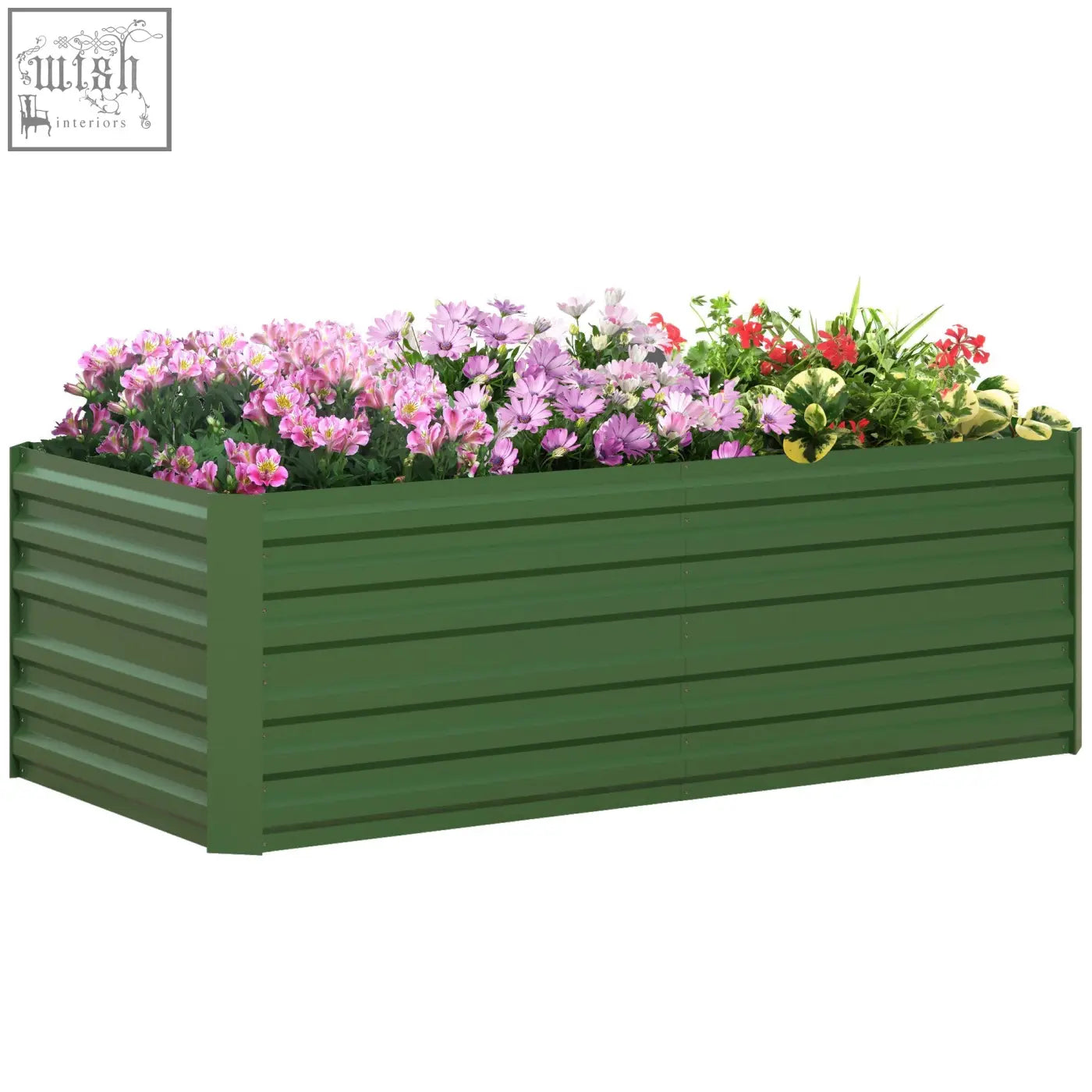 Green galvanised steel garden planter with protective coating filled with purple and red flowers 90cm size